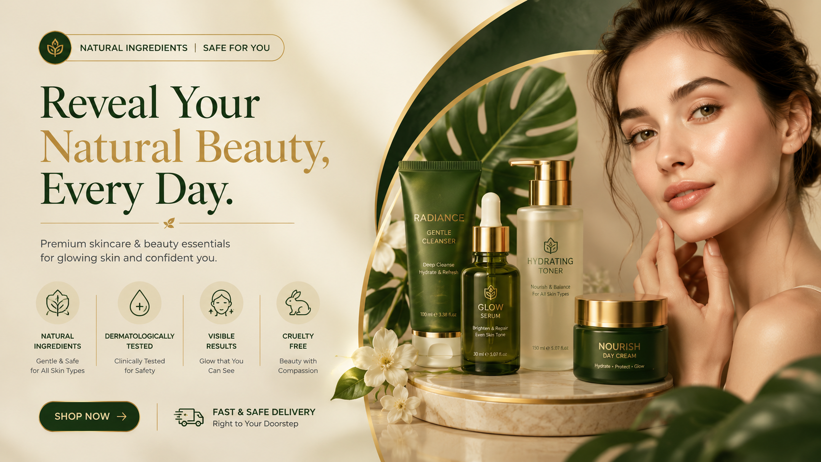 Skincare product display with a woman and text about natural beauty.1621243260e1af0c20-1